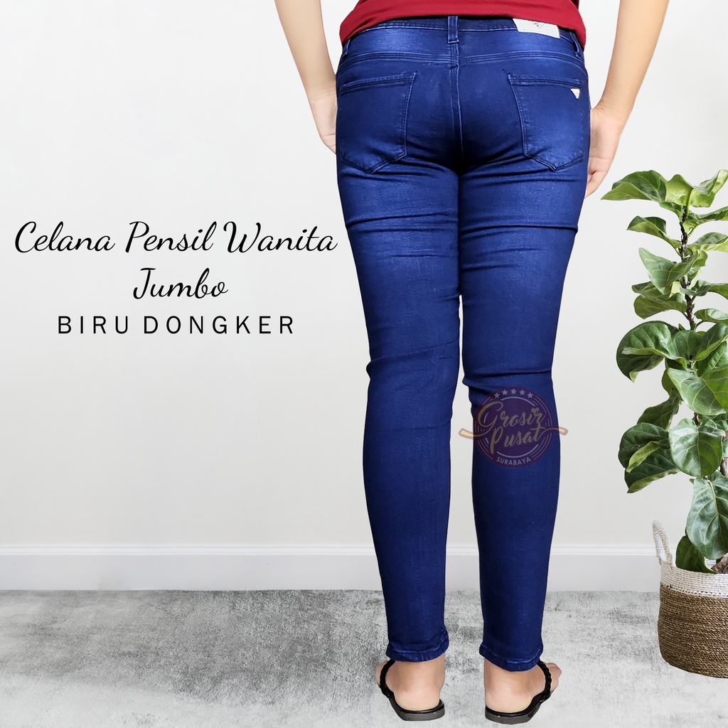 Celana Jeans Pensil Skinny Wanita Jumbo Biru Dongker 35 - 38