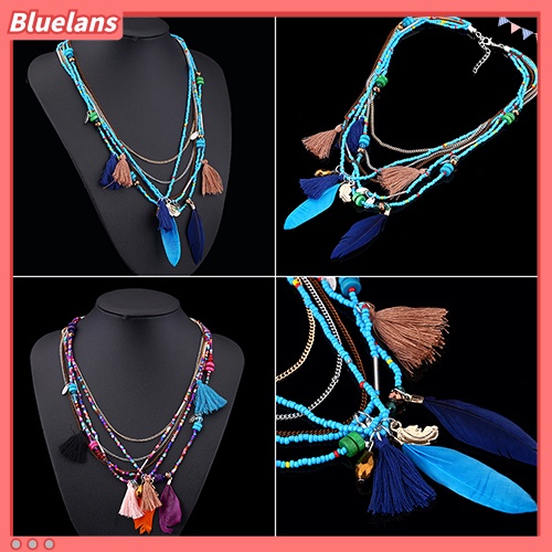 Bluelans Kalung Rantai Multilayer Hias Manik-Manik Bulu Rumbai Gaya Etnik Boho Untuk Wanita