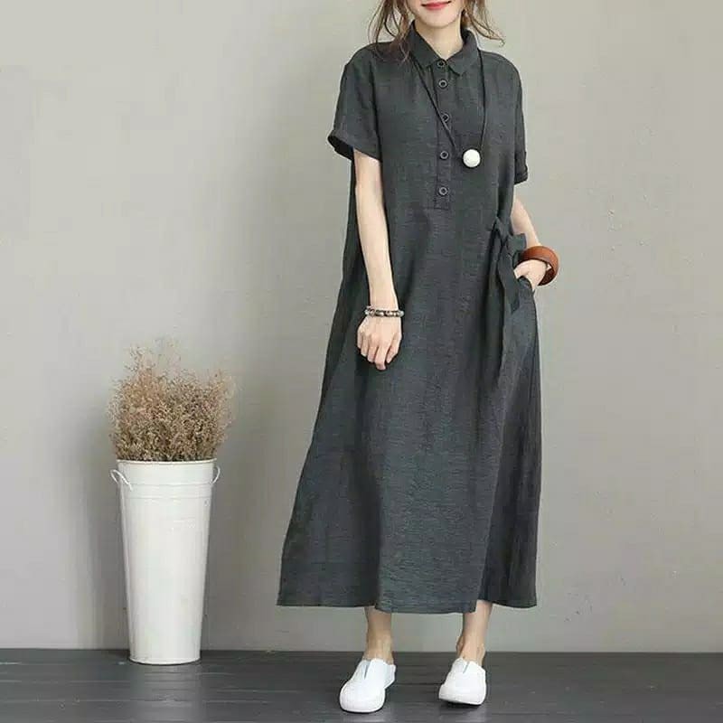 Dress Korean Style Wanita Fashion Muslim - Rana Long Dress Katun Rami - Gamis Wanita Dewasa <-2