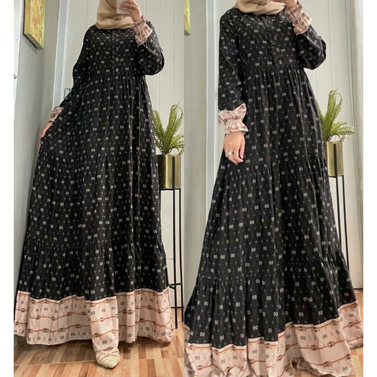 Gucea Maxi black mocca gamis dress cewek terbaru terlaris bahan Rayon viscose premium busui motif Gu