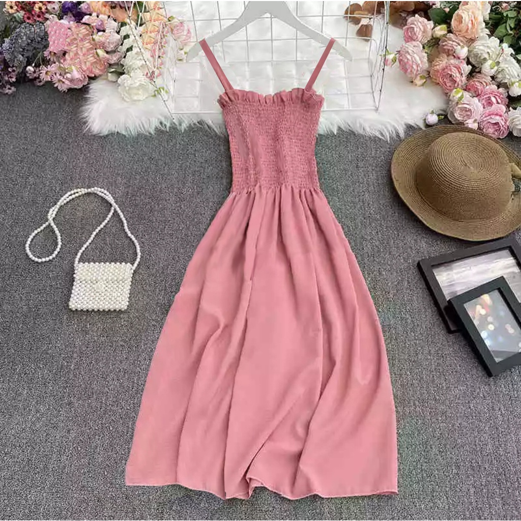 Dress Kerut Tali Panjang Korea Style Bahan Adem 849