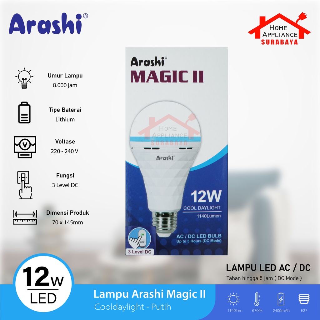 Lampu Bohlam Emergency LED Lamp Arashi Magic II 9W 12W 18W - 9 12 18 Watt / ARASHI NEW MAGIC 8W 10W 13W