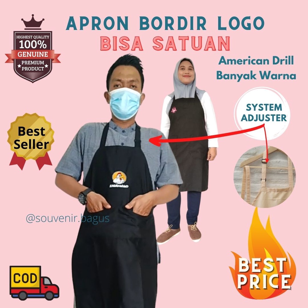 Apron Celemek Drill bordir Custom nama logo Masak Custom Drill Restoran Barber Bisa order satuan