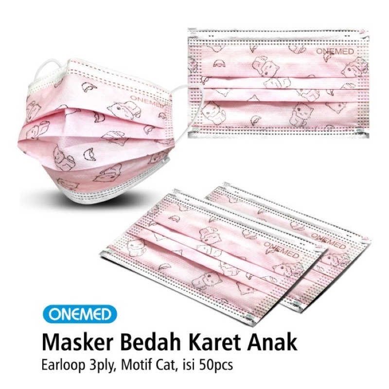 Masker Medis Karet Anak Motif Cat OneMed Box Isi 50Pcs