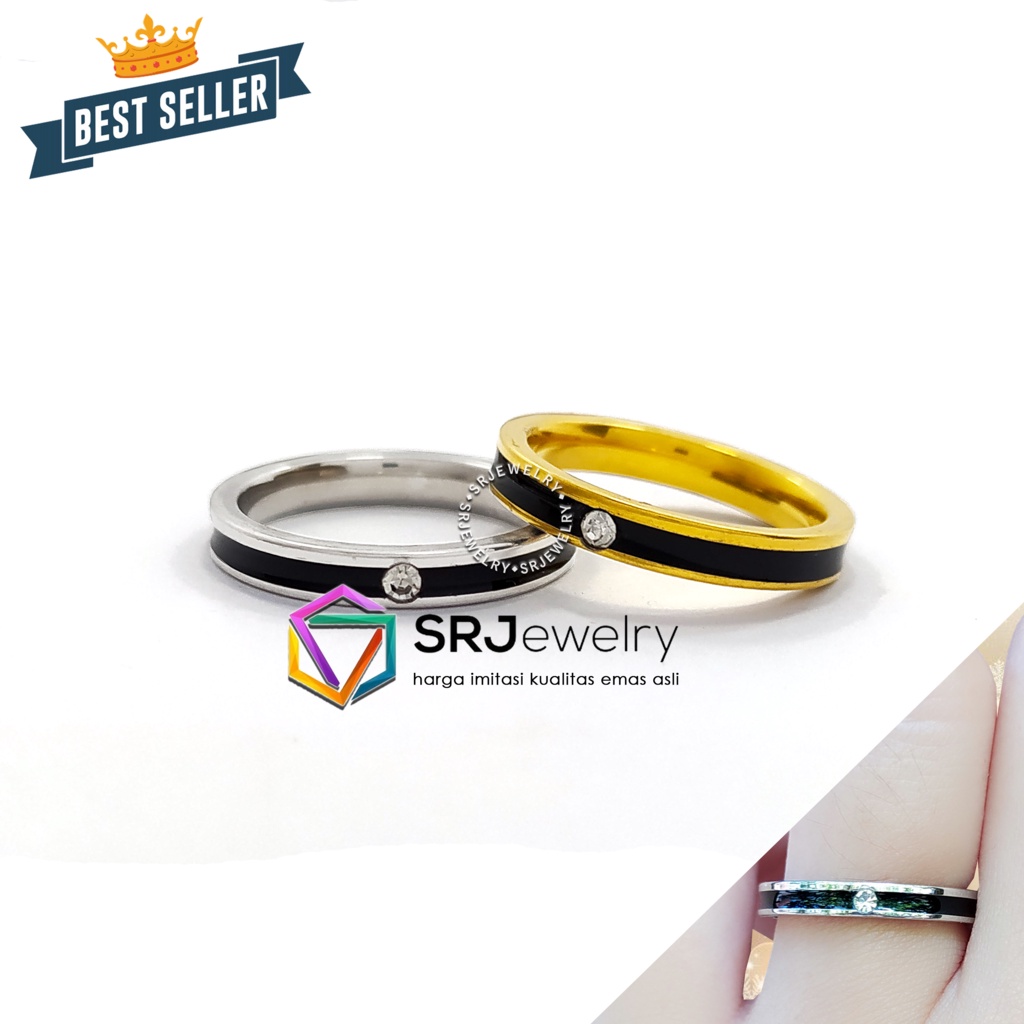 Cincin Tipis Simple Kombinasi Hitam Titanium Mata Women Black Ring