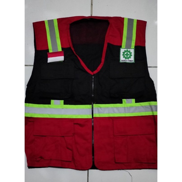 ROMPI SAFETY PREMIUM BAHAN KAIN DRILL MERAH HITAM BERLOGO