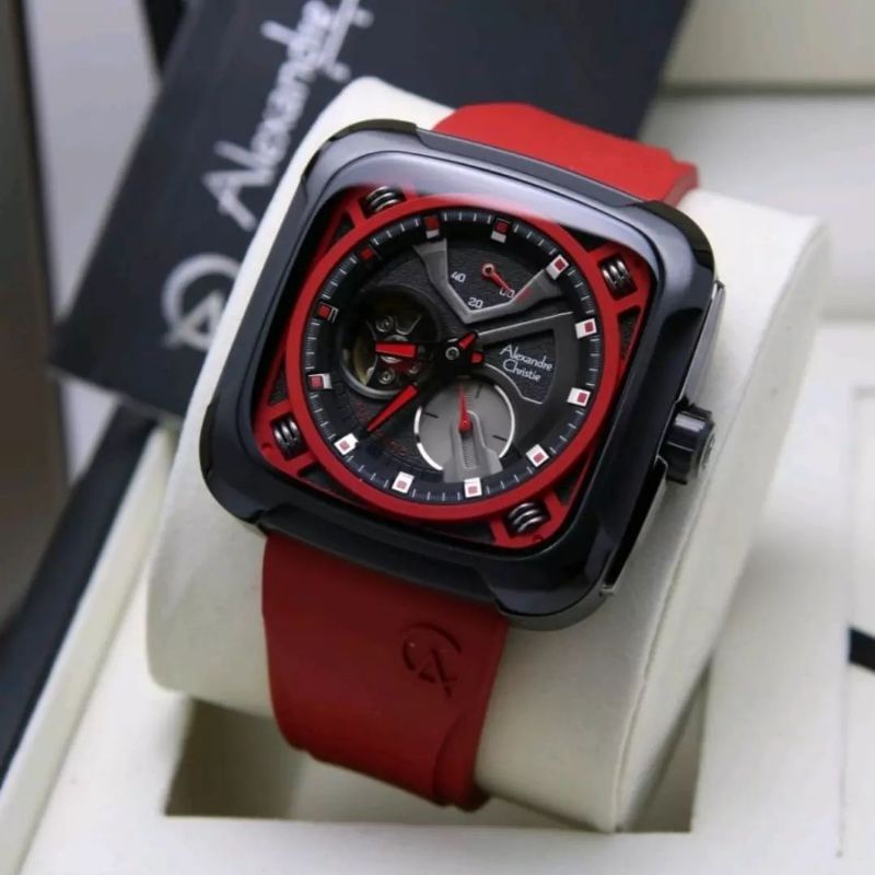 Jam Tangan Alexandre Christie Automatic AC 6577 Pria / AC6577 MA Red Black Original