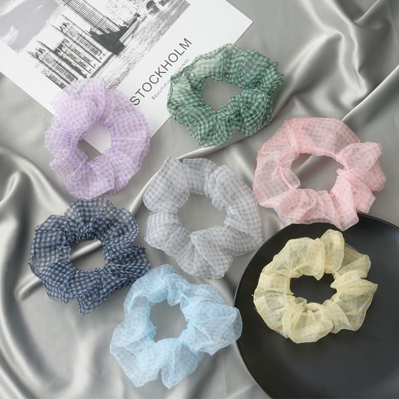 Ikat Rambut Scrunchie Elastis Motif Kotak-Kotak / Ikat Rambut Ponytail Elastis Bahan Satin