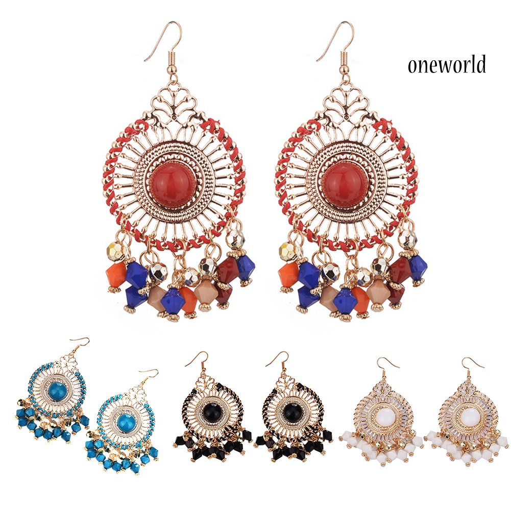 OW@ Bohemia Women Fashion Retro Tassel Beads Round Drop Dangle Hook Earring Jewelry