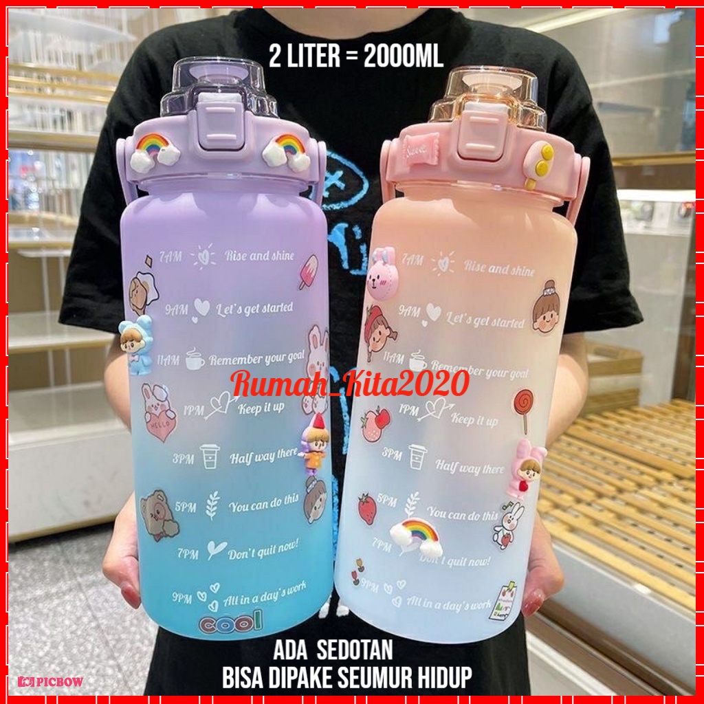 COD Botol Minum JUMBO Viral Kekinian 2 Liter Gratis Stiker 2D Lucu Botol Pelangi Motivasi Penanda Waktu Minum Botol Minum 2 Liter Botol Minum Viral Botol 2000ml Pelangi Botol Minum Motivasi FREE 2D&amp;3D STICKER