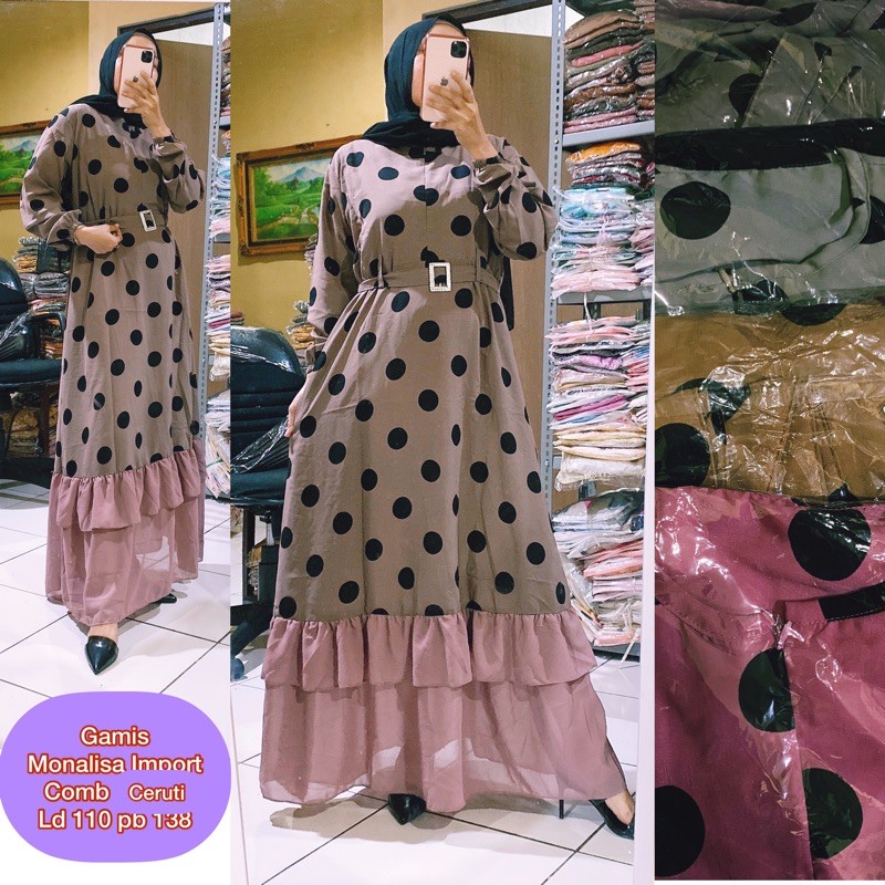 gamis polkadot d1 bahan Monalisa Import comb ceruti