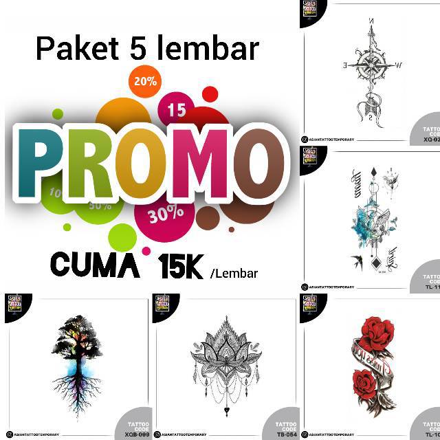 PROMO Paket 5 Tatto temporer TAHAN AIR / BERKALI KALI PAKAI/temporary/tato kulit /Asiantattoo