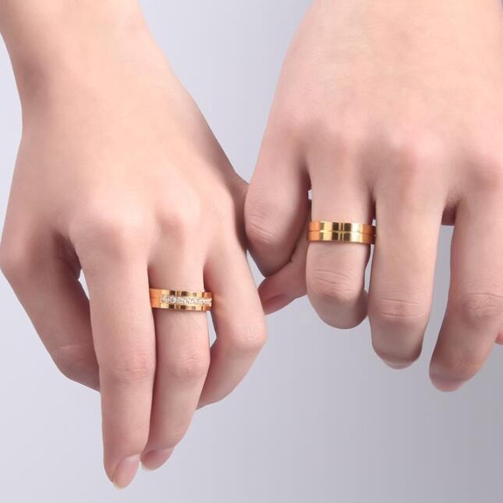 Cincin Pasangan Berlian Emas Perak Kawin Baja Titanium Pria Wanita Couple Rings