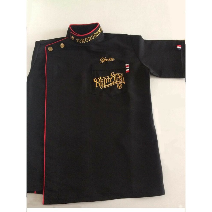 Kemeja barbershop Baju Koki Seragam formal Baju cukur rambut Kemeja Koki abu list hitam japan drill