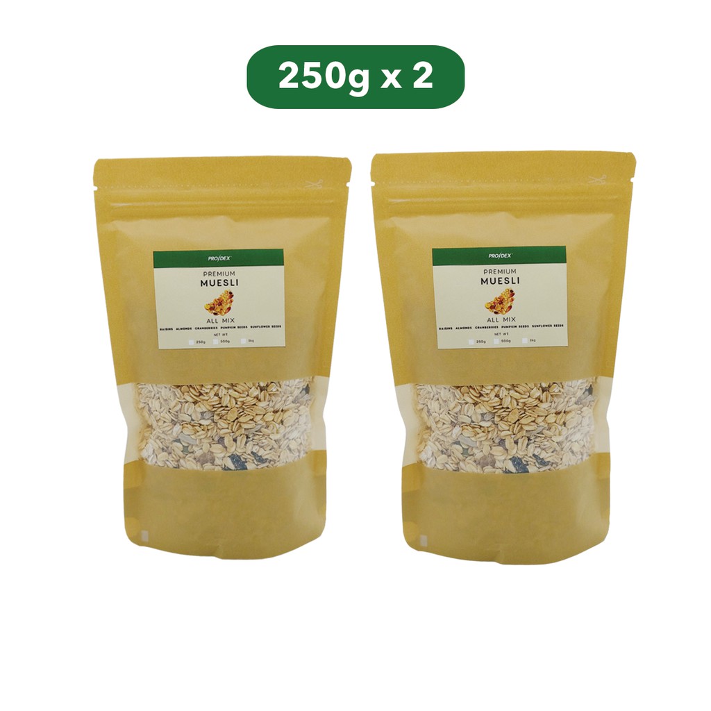 

Prodex Premium Muesli 2x250g (500g) TWIN PACK - Oats, Mixed Nuts, Seeds, Dried Fruit - Sehat, Diet