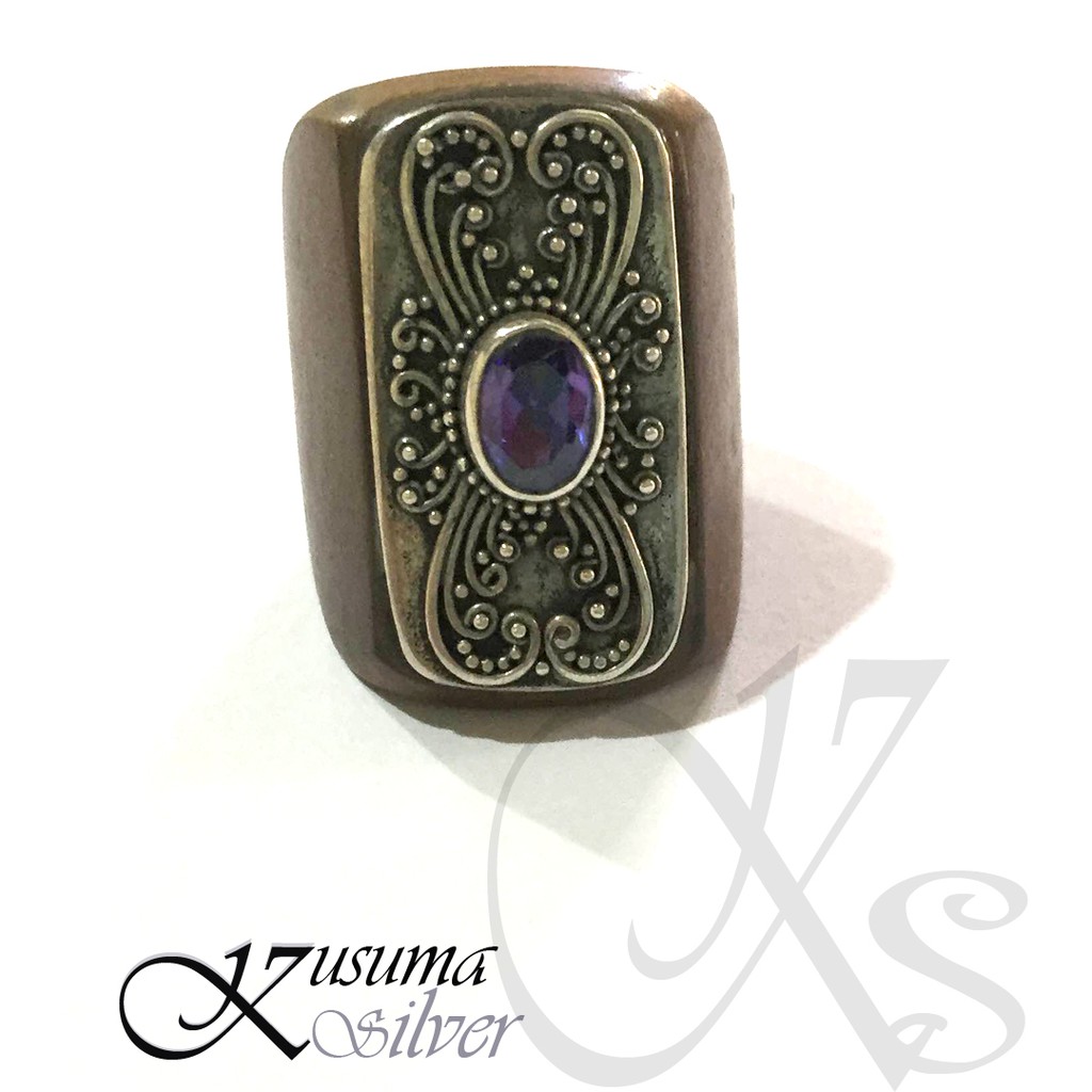 Cincin Ring Perak Silver Bali Mix Kayu Panjang Ukir Batu Mata Ungu Asli 925 Pria Laki Wanita Custom