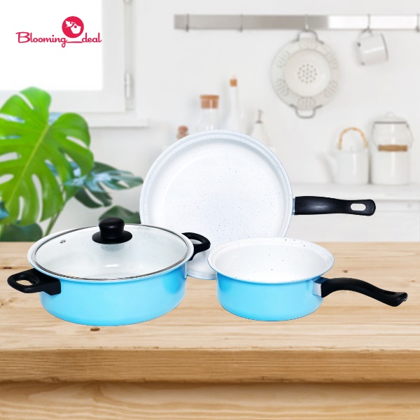 Panci Teplon Tutup Kaca Anti Lengket dan Gores Alat Masak Set Wajan Penggorengan 3 in 1
