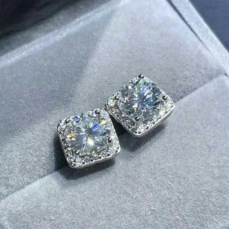 Anting Stud Bentuk Persegi Bahan Zirkon Warna Silver Untuk Wanita