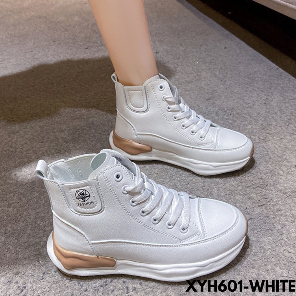 SEPATU SNEAKERS WANITA DESAIN MINIMALIS HIGHCUT BEST SELLER BAGUS BAHAN PU IMPORT YH601