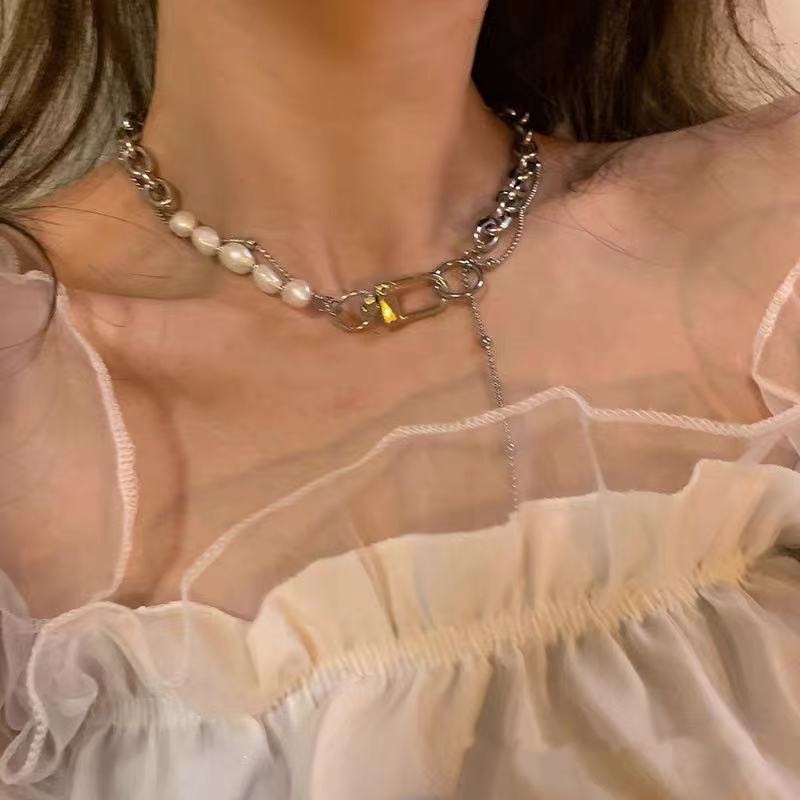 Kalung Choker Rantai Ganda Hias Mutiara Warna Silver Gaya Korea Untuk Wanita