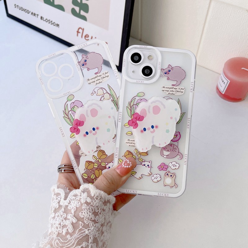 Flowers Cat Popsocket Soft Case iP iPhone 11 12 13 Pro Max 6 6S 7 8 + Plus X XR SE 2020 XS Max Casing