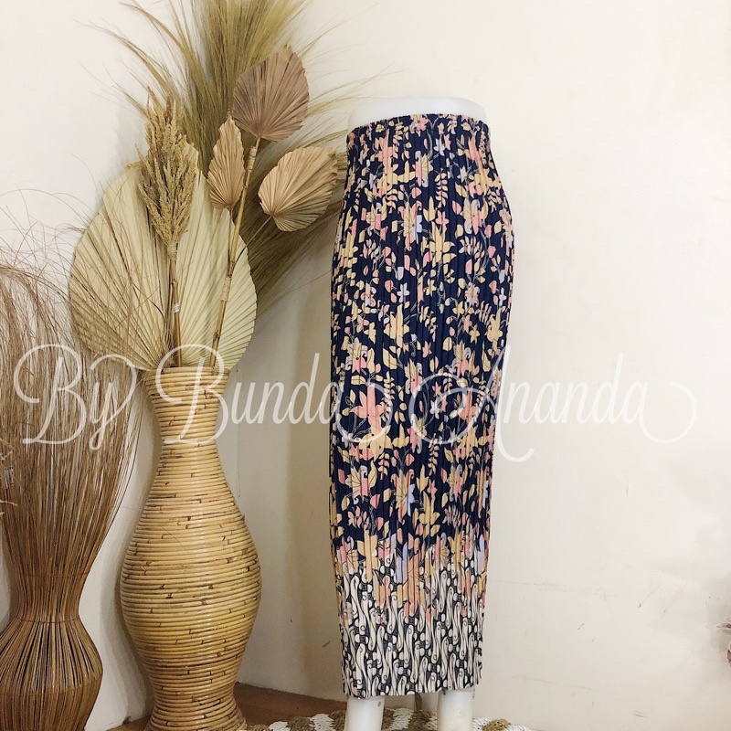 Rok Batik Plisket Fit S - JUMBO All Size-Bougenvile Navy