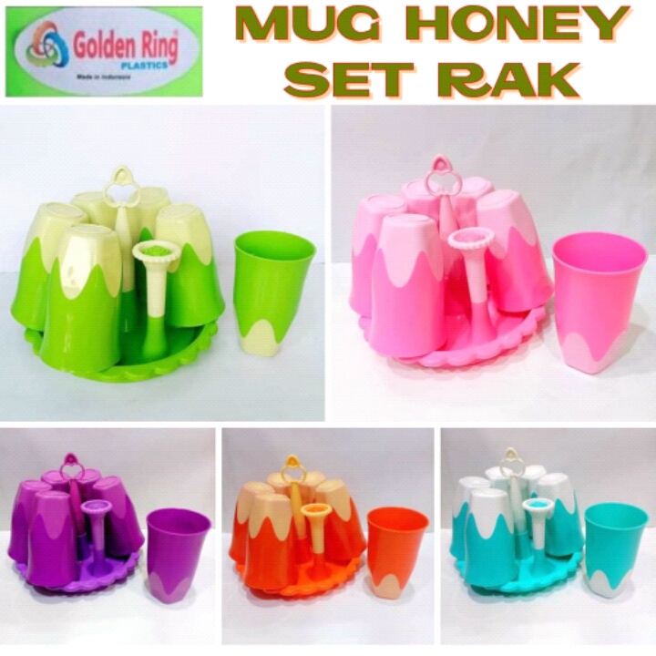 MUG HONEY SET RAK GOLDEN RING GELAS SET TATAKAN CANGKIR SET STAND GELAS BAHAN PLASTIK
