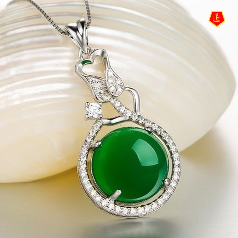 [Ready Stock]Green Chalcedony Silver Necklace Women's Fashion Pendant