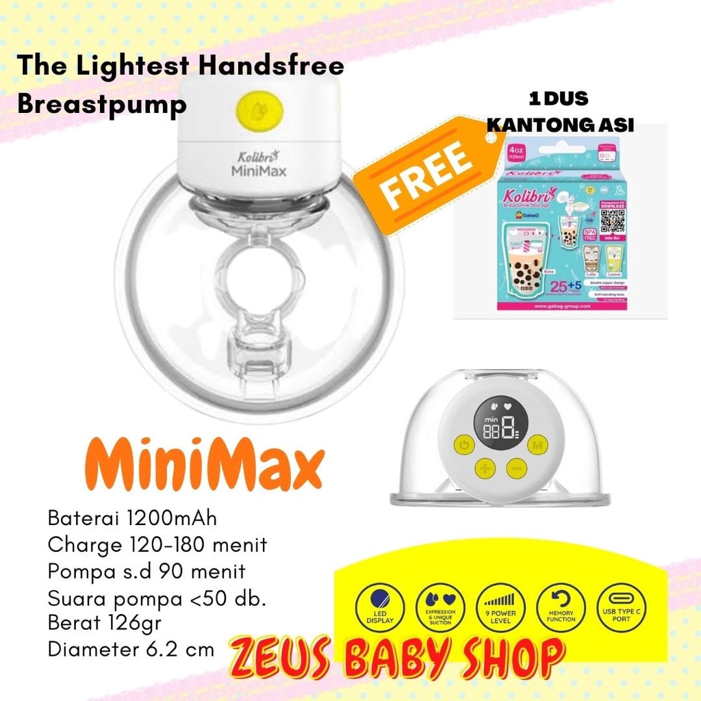 Gabag - Handsfree Breastpump - Kolibri Minimax Breastpump- free kantong asi 1 dus boba