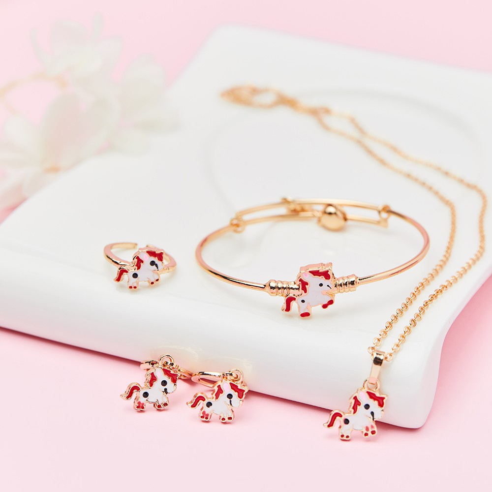 Paket Set Anak Kalung + Gelang + Cincin + Anting Unicorn Merah Perhiasan Anak 775