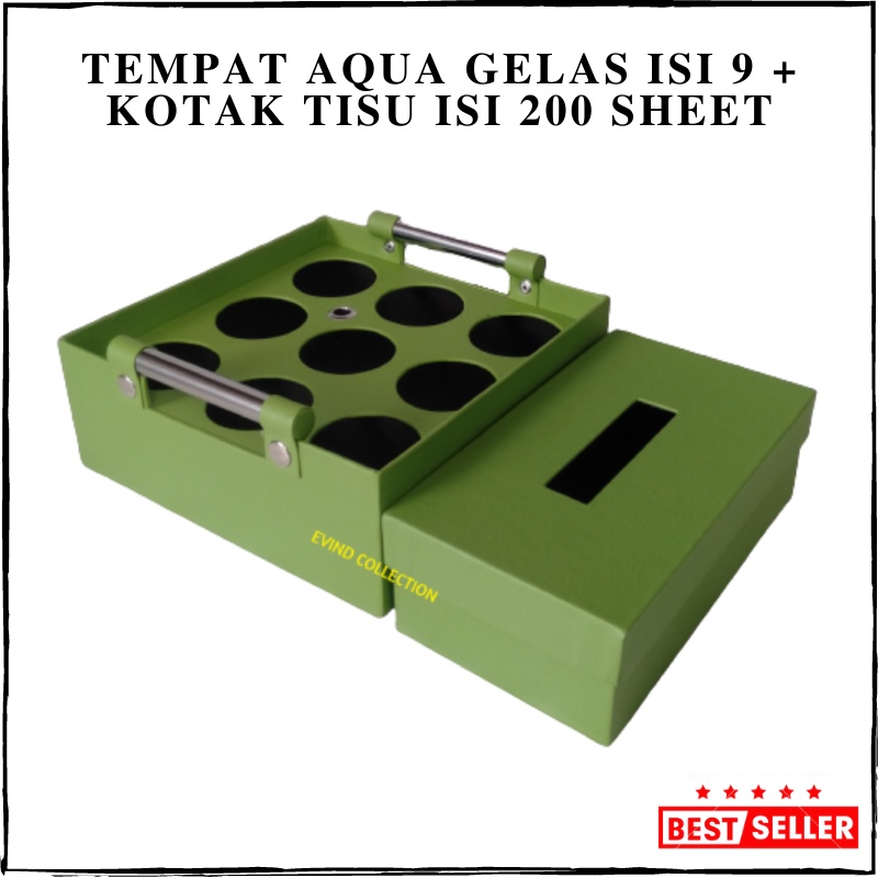 Tempat Aqua Gelas Isi 9 Cup + Kotak Tisu Isi 200 Sheet Kulit Sintetis Keranjang Air Mineral Tempat Tissue