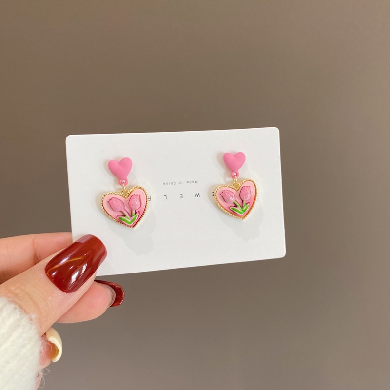 Anting Bentuk Hati Warna Pink Gaya Korea