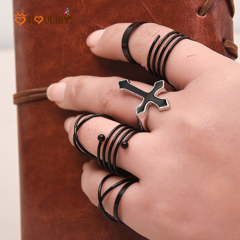 4 / 6pcs / Set Cincin Model Terbuka Desain Geometri Silang Gaya Vintage Punk Untuk Pria / Wanita