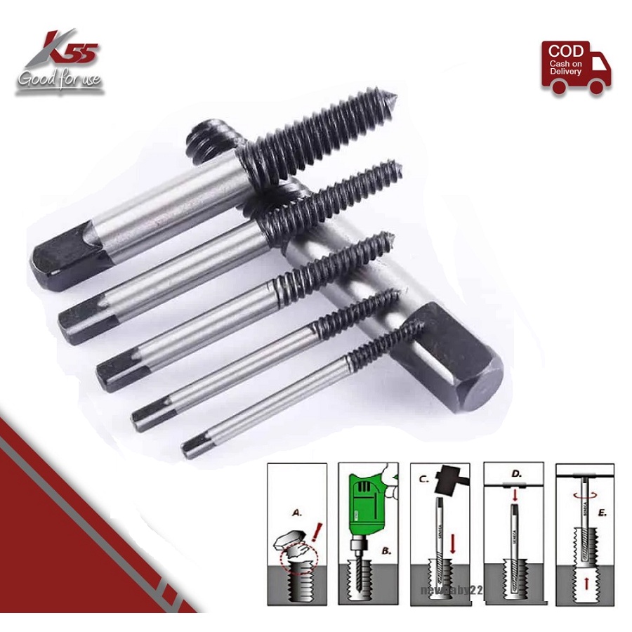 Screwdriver Extractor Tap Balik SET 5 Pcs / SET 6 Pcs Alat Pembuka Baut Rusak Screw Extractor Set Hand Tap K55