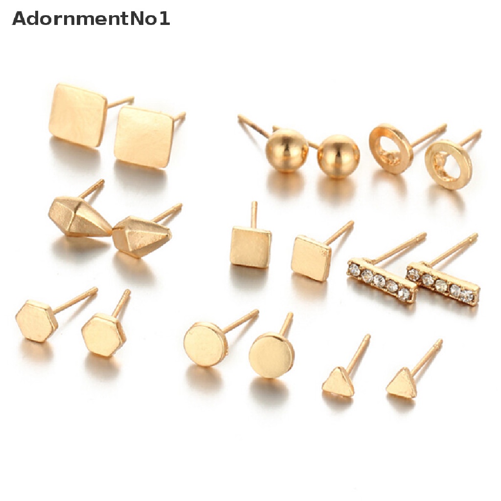 (AdornmentNo1) 9 Pasang / Set Anting Tusuk Bentuk Geometri Aksen Kristal Untuk Perhiasan Wanita