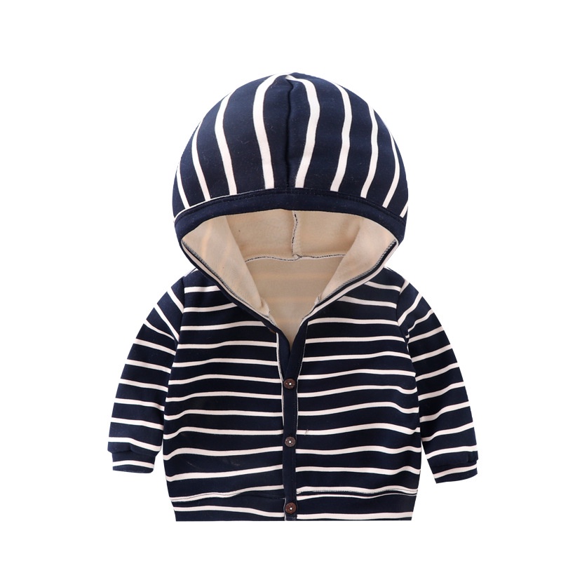 Jaket Hoodie Anak Bayi Perempuan Laki Laki Import Katun Fleece Premium Model Kancing Motif Garis 0 1 2 3 tahun