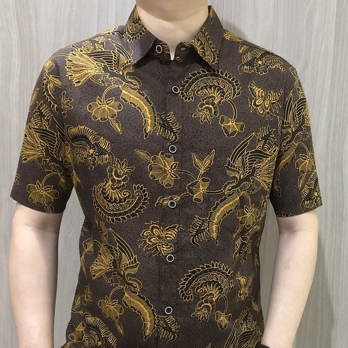 [GRIDLINE - S209 Maroon &amp; Brown] Kemeja Batik Pria Katun Lengan Pendek Slimfit Modern Casual Simpel Elegan