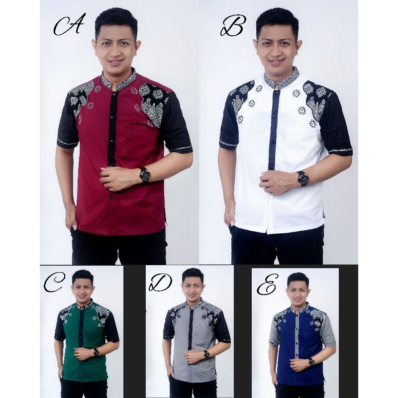 Baju Koko Pria Lengan Pendek Kombinasi Aplikasi Bordir
