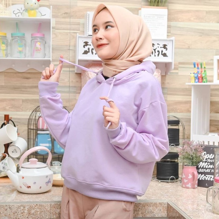 Sweater Hoodie Crop Wanita Terbaru - Plain Hoodie - Bahan Fleece - Allsize