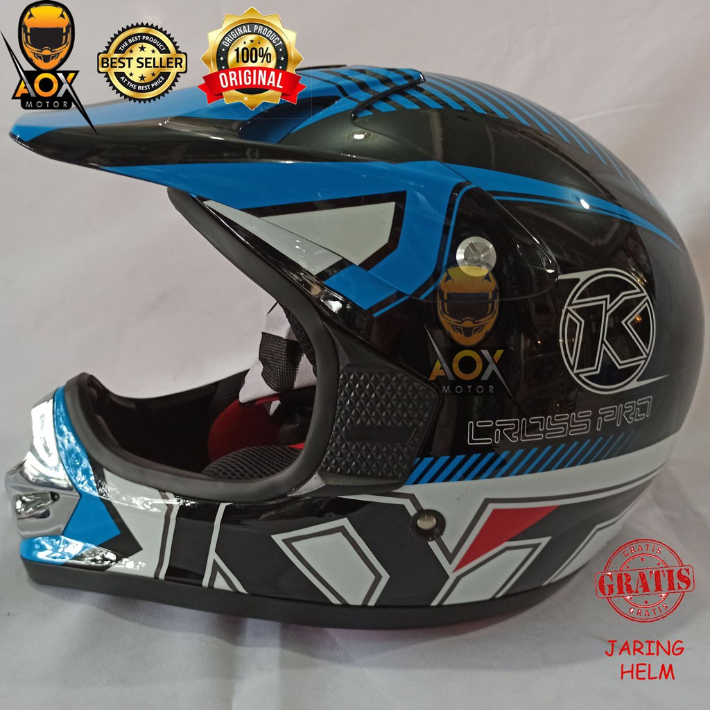 Helm KYT Cross Pro Motif 9 Black Blue (Ongkir 2kg), GRATIS Jaring Helm