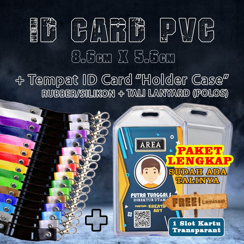 

Paket Lengkap Print dan Cetak ID Card/Kartu Identitas + Tempat ID Card Karet 1slot + Tali Lanyard