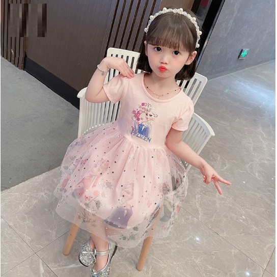 DRESS &quot;FROZEN NEW&quot; LENGAN PENDEK 100-140 LAYER KEMBANG FROZEN ELSA BUNGA TAG FROZEN