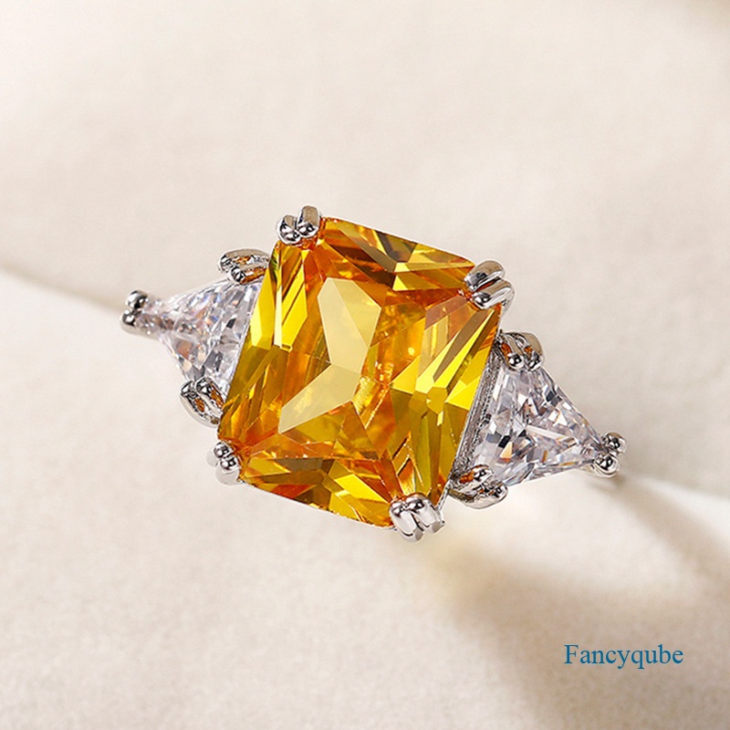 Fancyqube Cincin Bentuk Geometri Warna Silver Hias Cubic Zirconia Kuning Untuk Wanita