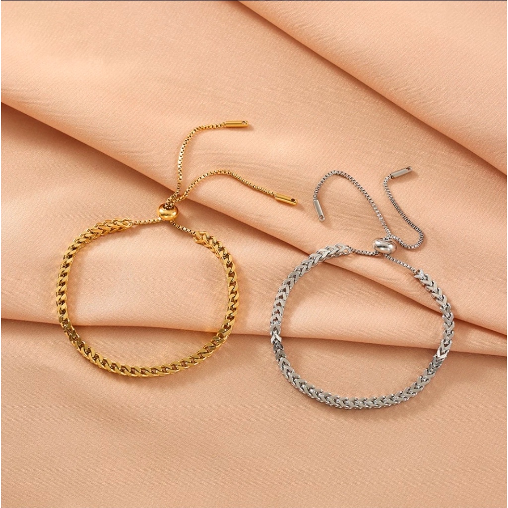 Gelang Serut Rantai Gandum Tali Baja Tahan Karat Warna Rose Gold, Gold dan Silver