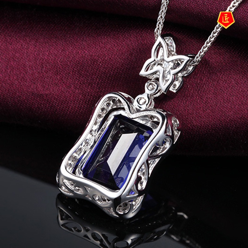 [Ready Stock]Luxury Diamond Micro-Inlaid Butterfly Rectangular Sapphire Pendant for Women