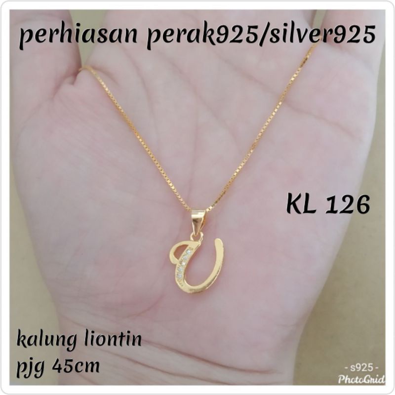 KALUNG+LIONTIN HURUF K,L,M,N,R,S,T,U,Y KUNING PERAK 925 #FFS