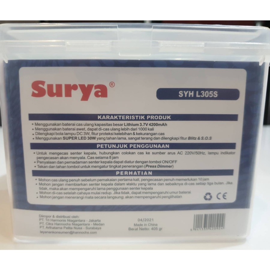 SURYA Senter Kepala SYH L305S - Head Lamp 30 Watt Water Resistant - Cahaya Putih