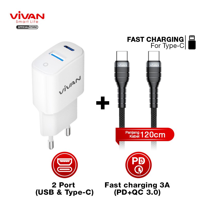 Charger VIVAN Original Casan HP Dual Port QC3.0 &amp; PD (P. Super) + Kabel Data Type C to Type C KPD120