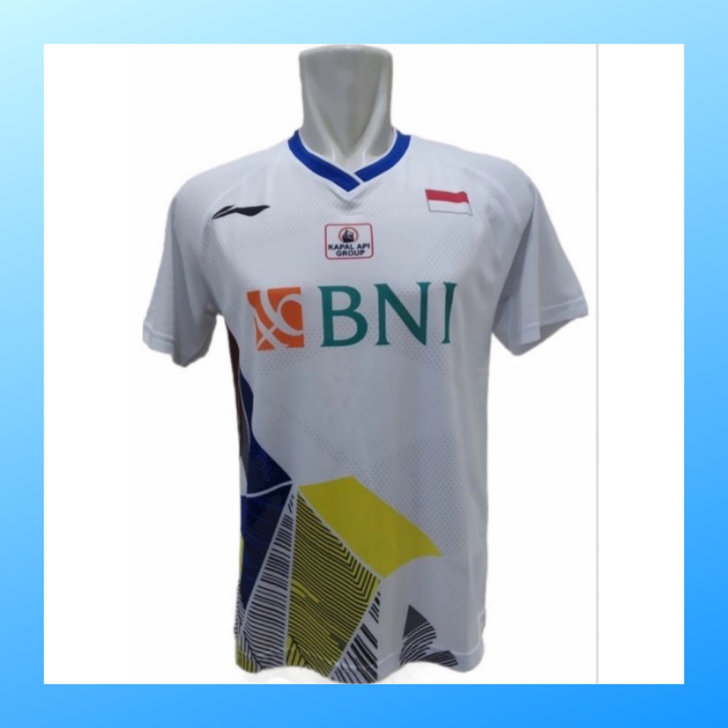 Kaos badminton pria jersey bulutangkis baju atasan jersy wanita dewasa t-shirt outfit seragam kostum olahraga casual suit pakaian jarsey oblong apparel sports jersi bulu tangkis L156 putih sponsor