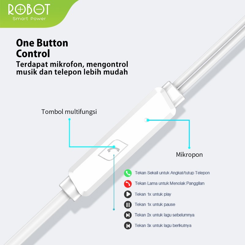 ROBOT WIRED Headset JACK 3.5mm / AUX ROBOT RE20 / RE10 Earphone kabel jack port 3.5mm SUPPORT TELEPON dan VOLUME